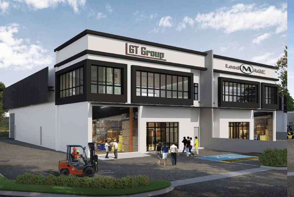 An artist's rendering of a modern, two-story semi-detached industrial factory at Taman IKS Bukit Minyak, featuring a high-ceiling warehouse with an open loading area and an adjoining two-story office space with large windows.