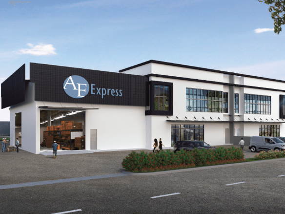 An artist's rendering of a modern semi-detached factory in Taman IKS Bukit Minyak, with a wide roll-up loading door revealing a warehouse full of palletized goods, and an adjacent two-story office section.