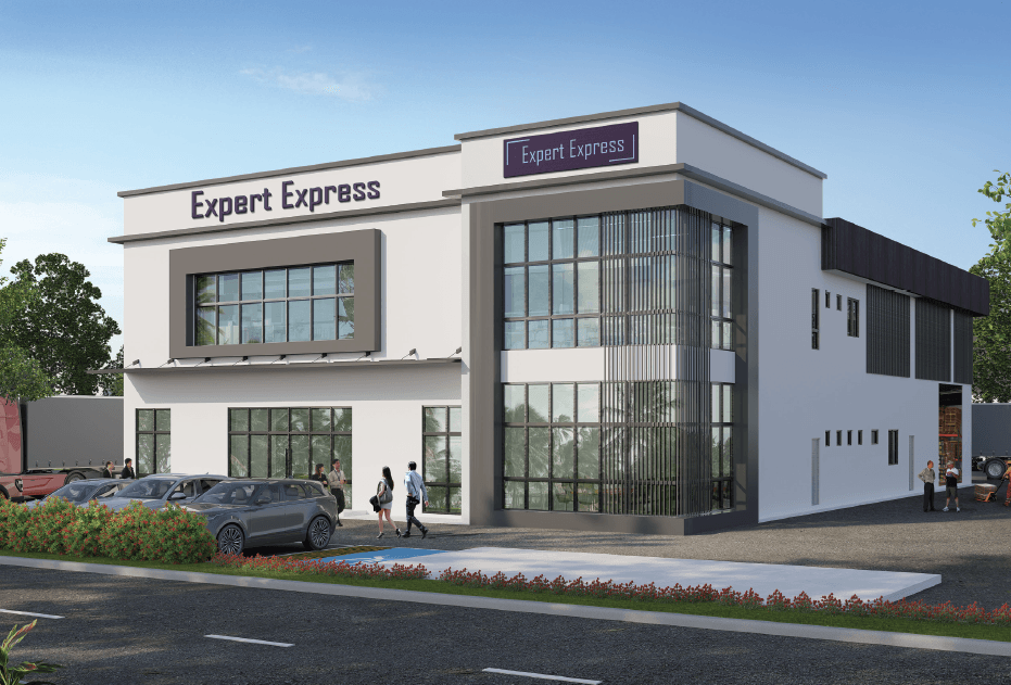 An artist's rendering of a modern, two-story detached factory in Taman IKS Bukit Minyak, featuring a sleek, glass-fronted office area and a separate, large production or warehouse space.