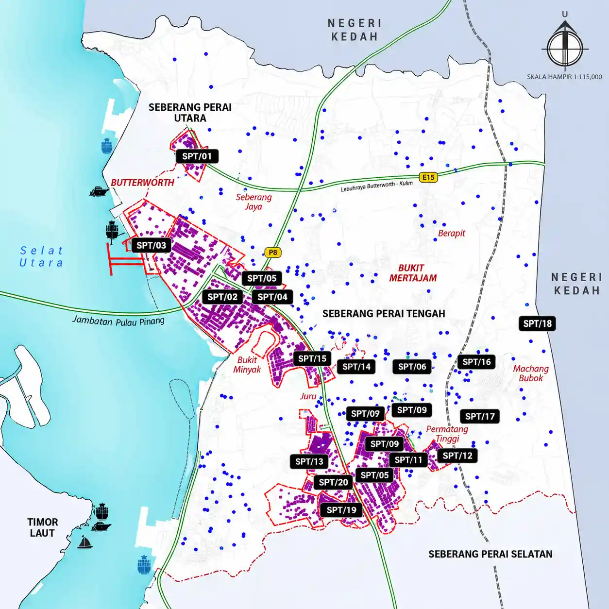 Map of Seberang Perai Tengah showing major industrial areas including Perai, Seberang Jaya, Bukit Minyak, Penang Science Park, Bukit Tengah and Juru.
