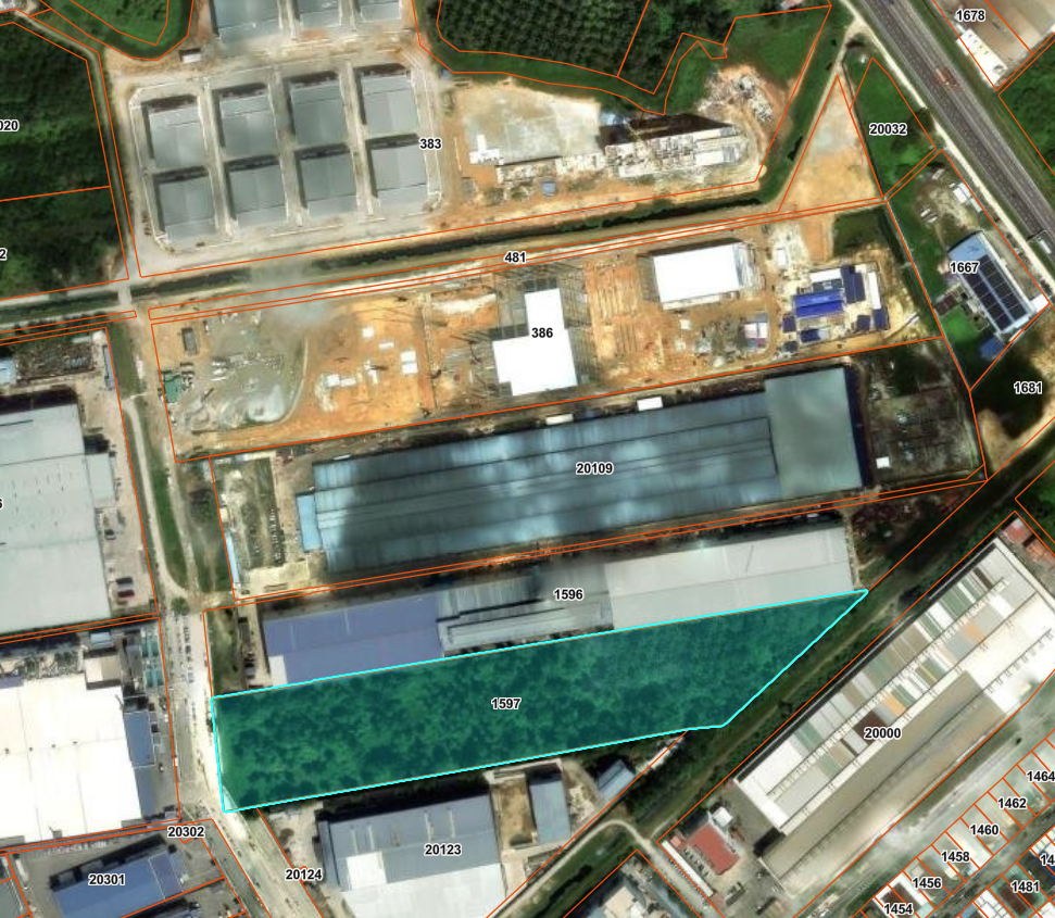 Satellite parcel map highlighting Lot 1597 in Mukim 12, Seberang Perai Selatan