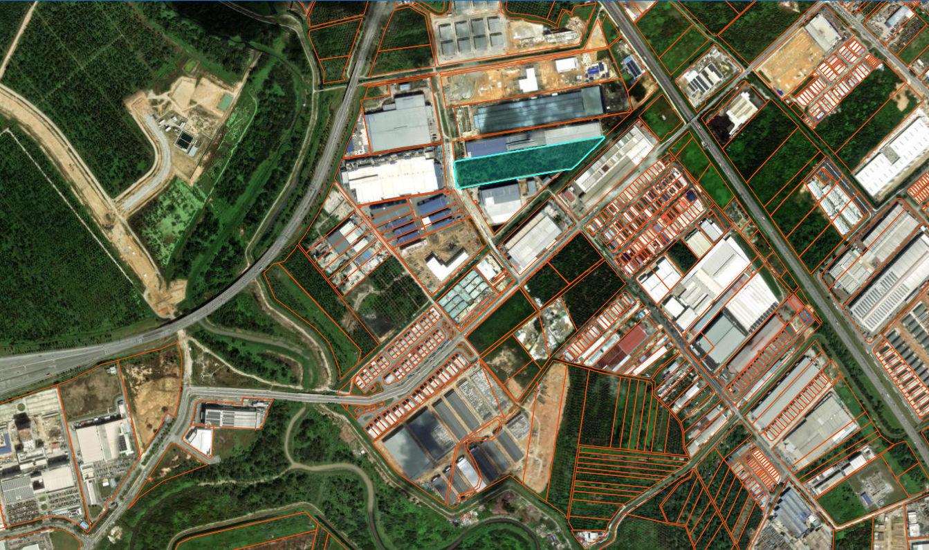 Wider satellite map highlighting Lot 1597 within the Mukim 12 industrial area in Seberang Perai Selatan