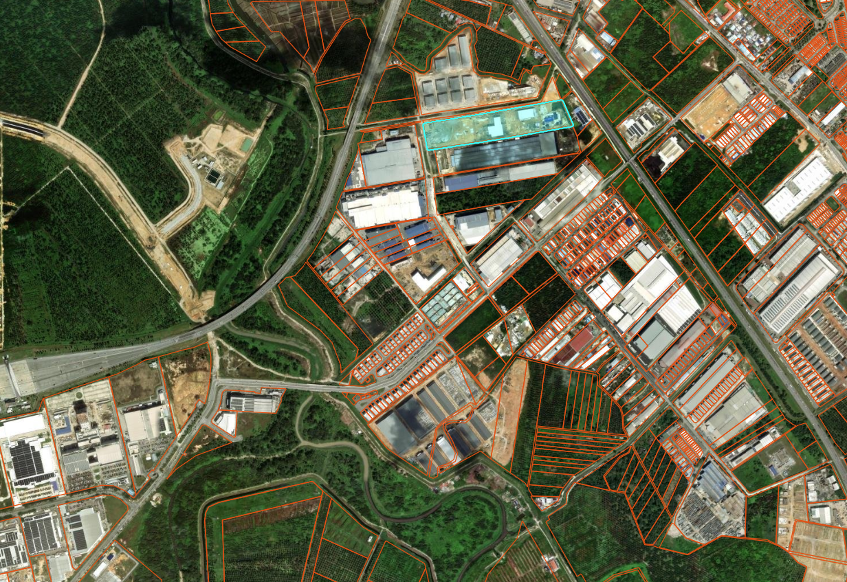 Wider satellite map highlighting Lot 386 within the Mukim 12 industrial area in Seberang Perai Selatan