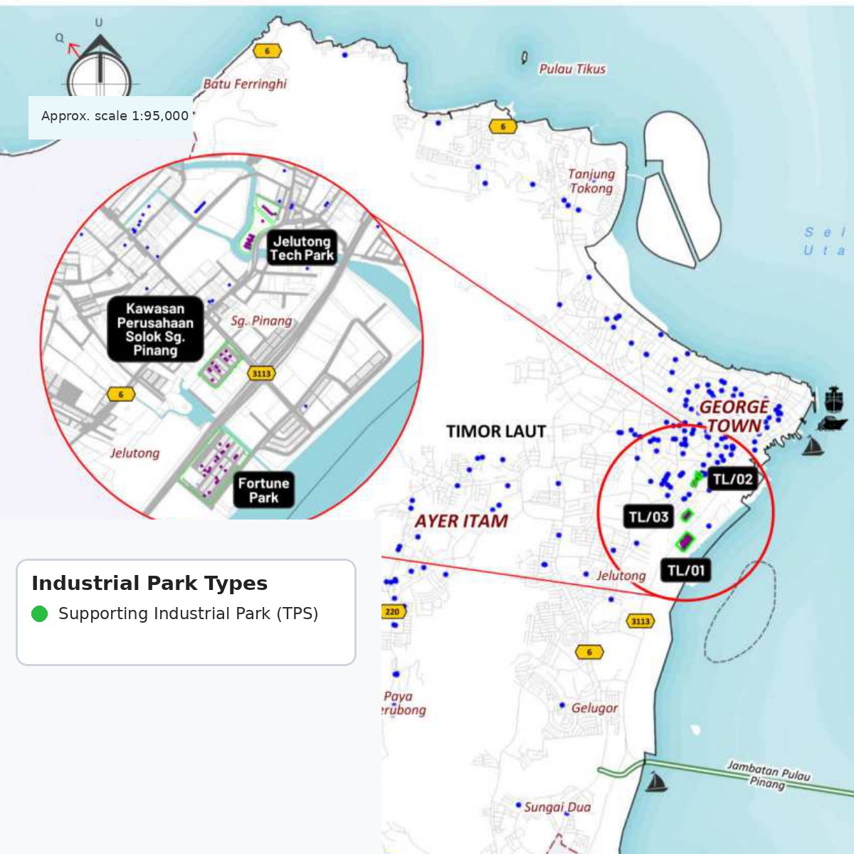 Map of industrial locations in Timur Laut district, Penang Island.